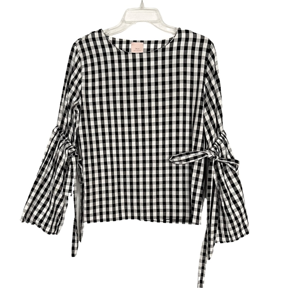 Laju black and white gingham shirt blouse with trumpet sleeves